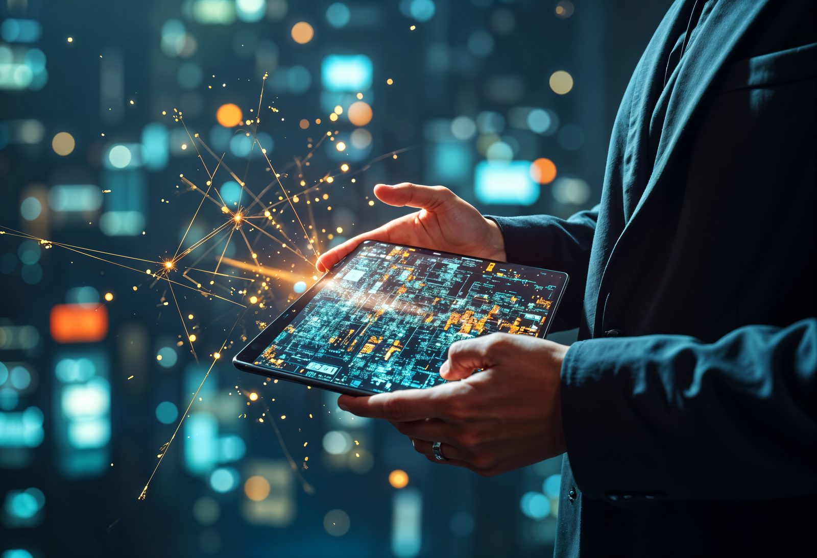 Hands holding a tablet showing a network operations dashboard