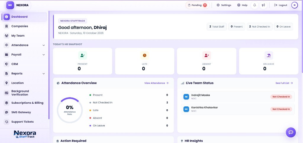 Nexora StaffTrack HR dashboard