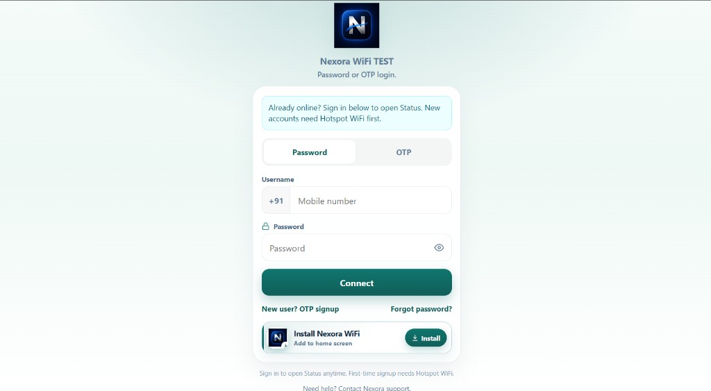 Nexora WiFi password and OTP login
